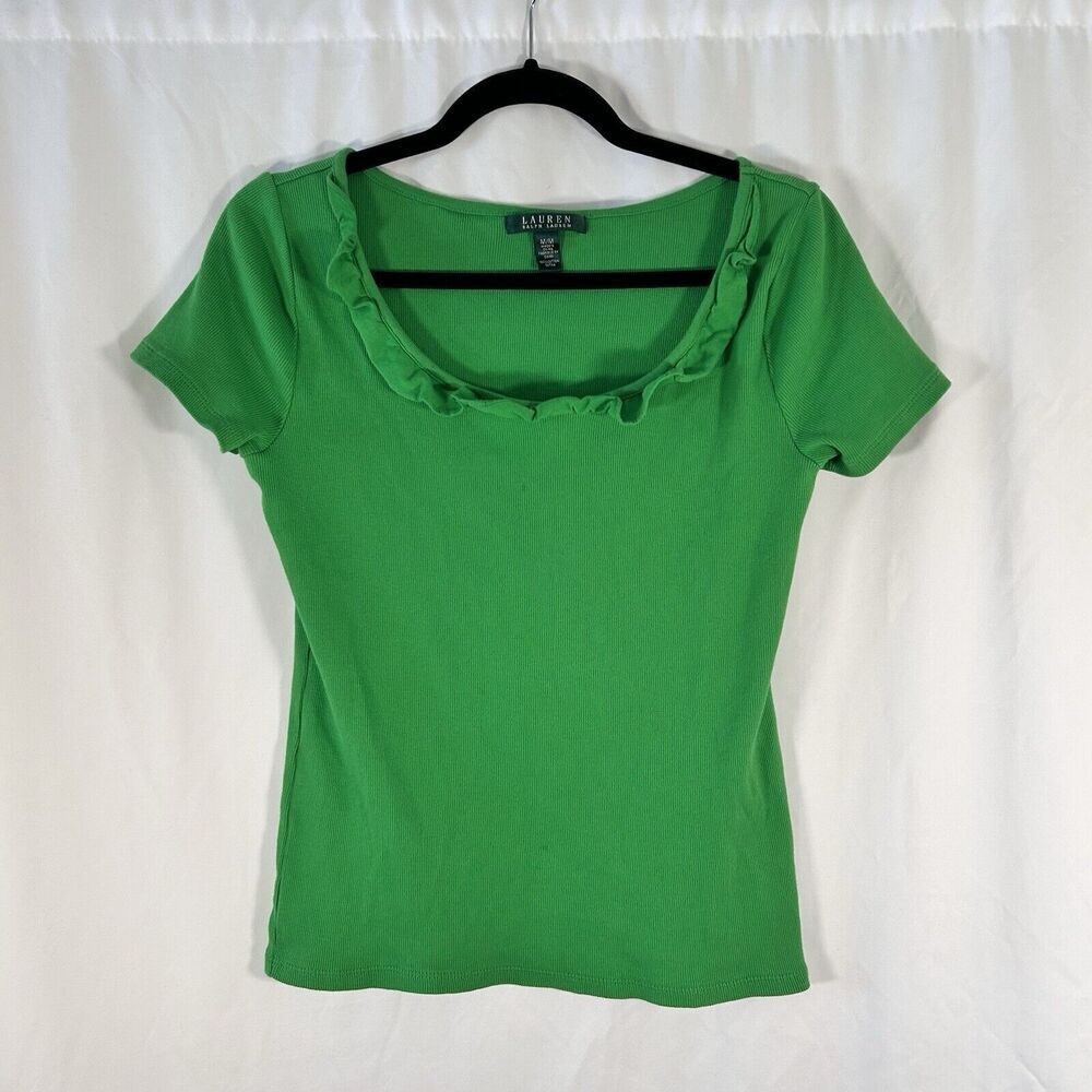 Lauren Ralph Lauren Blouse Women's Medium Green Ribbed Round Neck Short Sleeve